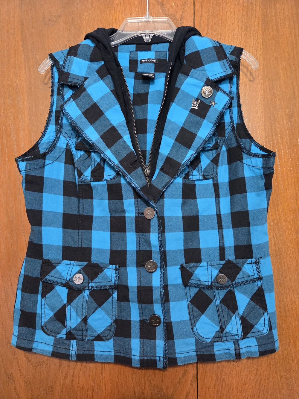 Maurices Blue and Black Plaid Hooded Vest